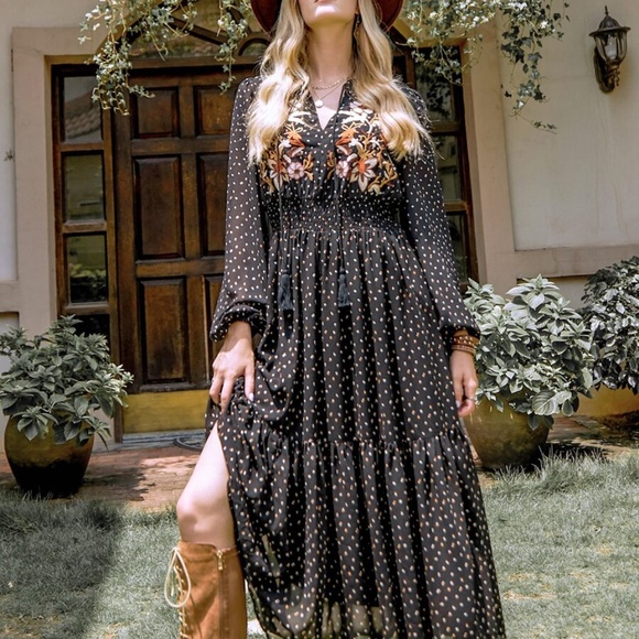 floral print embroidered dot long sleeve dress - Picture 5 of 6